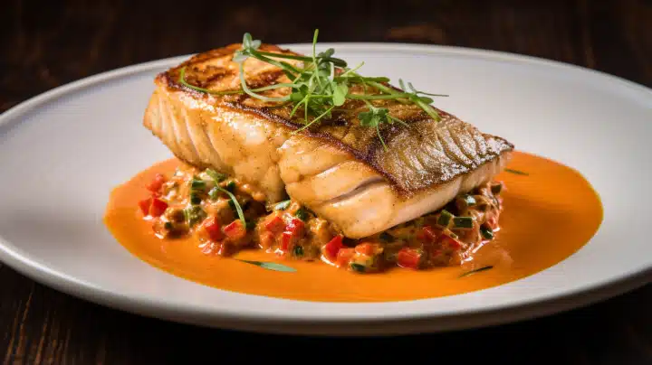 Striped Bass with Roasted Red Pepper Almond Sauce